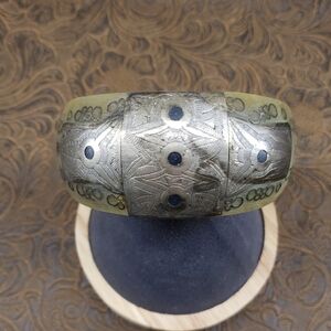 Vintage Horn Metal Silver Tribal Inlay Cuff Bracelet
